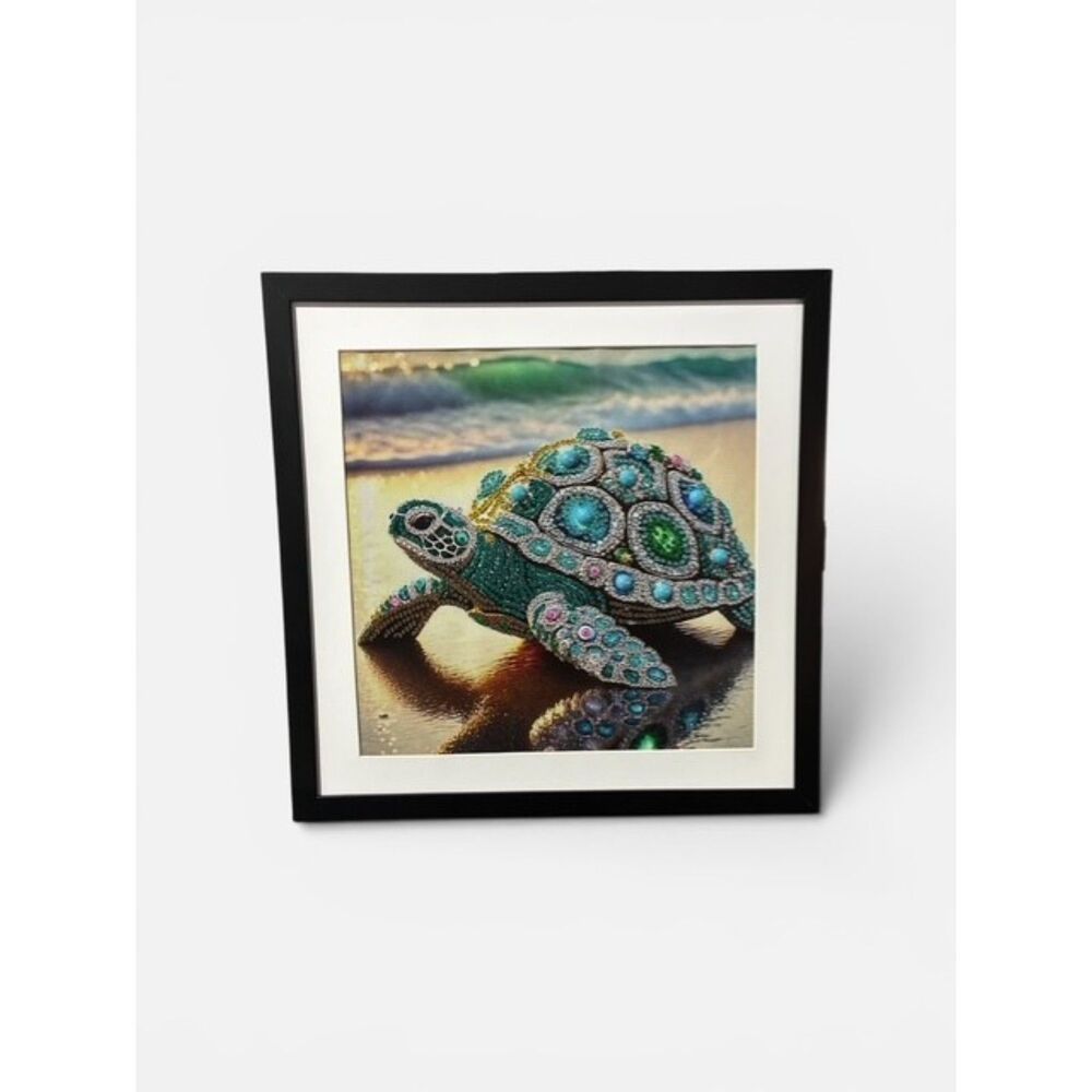 Hand Crafted Sea Turtle Diamond Painting, matted, 12" x 12" black frame